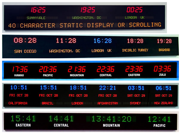 LED time zone clock layout examples with labeled locations and digital time displays