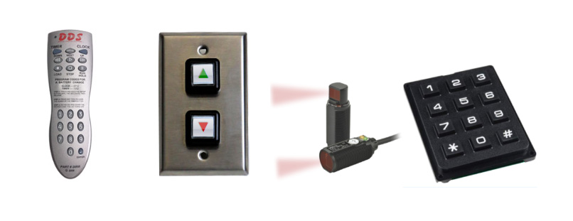 Production-count input devices: handheld remote, up/down push buttons, photoelectric sensors and numeric keypad.