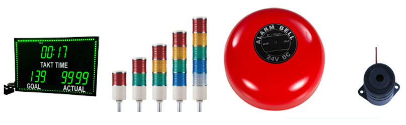 LED production display with green border, multicolor stack lights, alarm bell and buzzer.